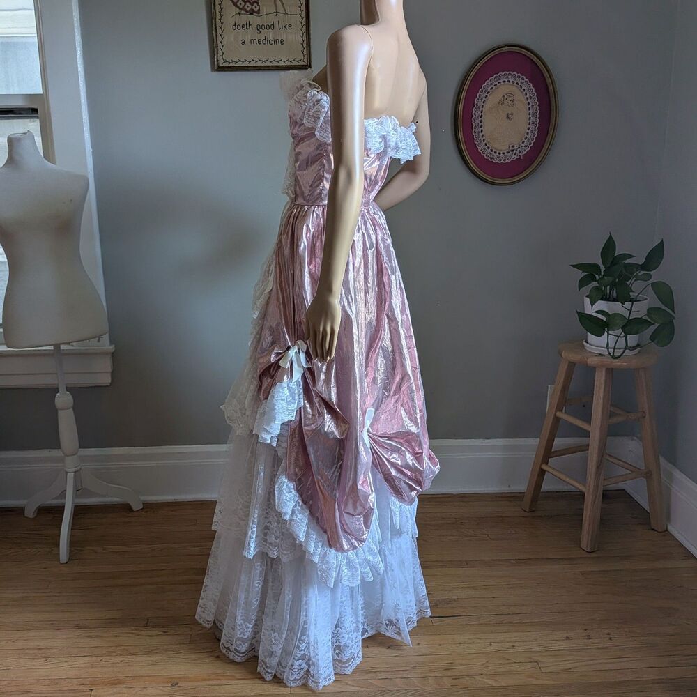 ON HOLD 80s Loralie Ballgown Southern Belle Maxi Dress Pink Strapless Saloon 8 - Picture 4 of 12